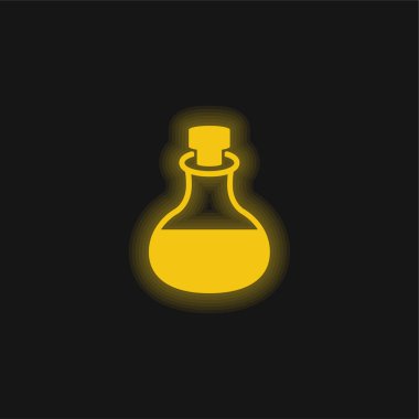 Spa sarı parlak neon ikonu için masaj yağı ile bir şişe cam.