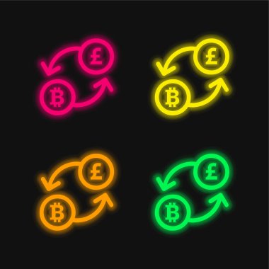 Bitcoin Pound Döviz Kuru Parlak neon vektör simgesi dört renk