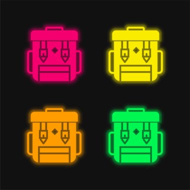 Sırt çantasında parlayan dört renk neon vektör simgesi