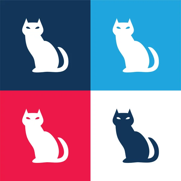 stock vector Black Evil Cat blue and red four color minimal icon set