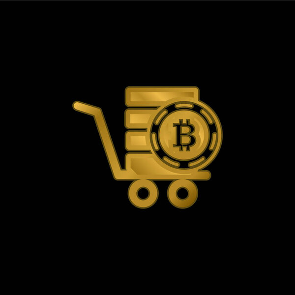 Bitcoin In A Pushcart gold plated metalic icon or logo vector