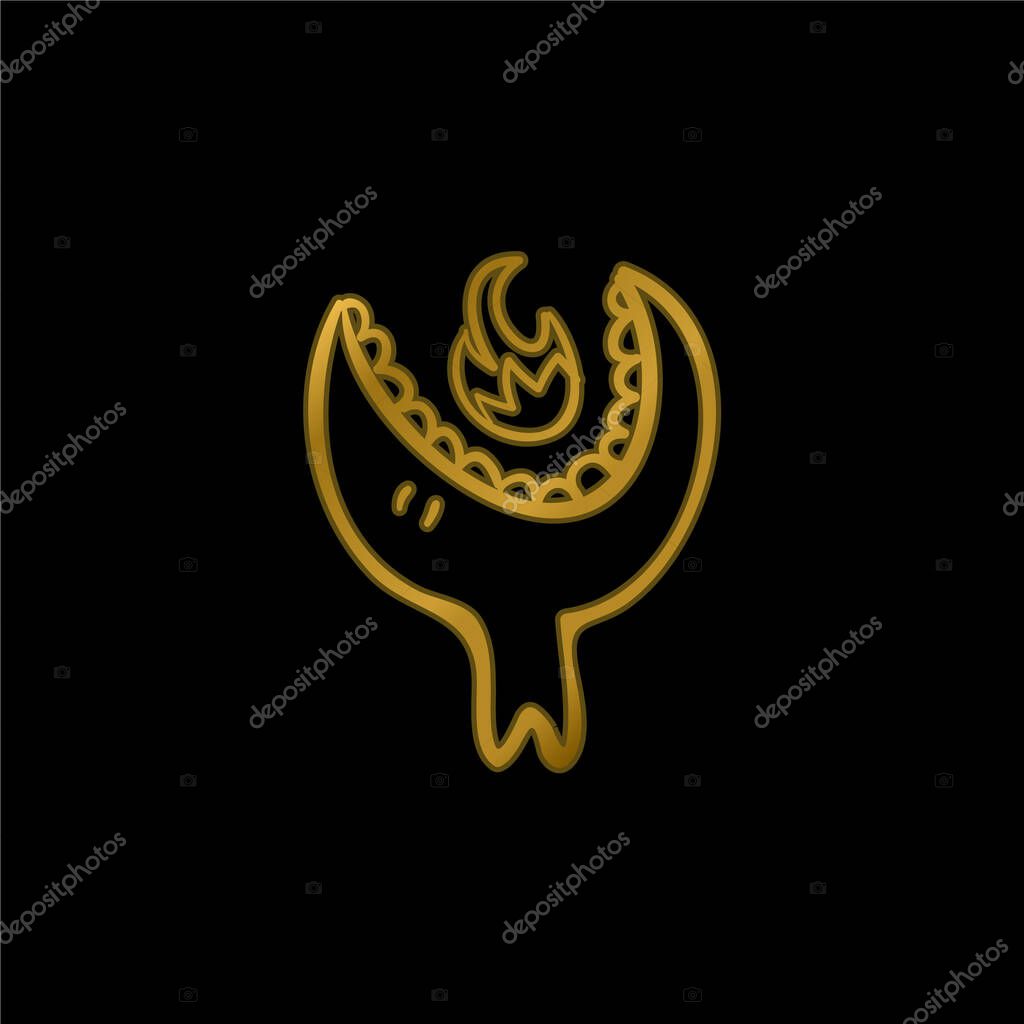 Big Halloween Monster Head With Open Mouth Eating An Animal gold plated metalic icon or logo vector
