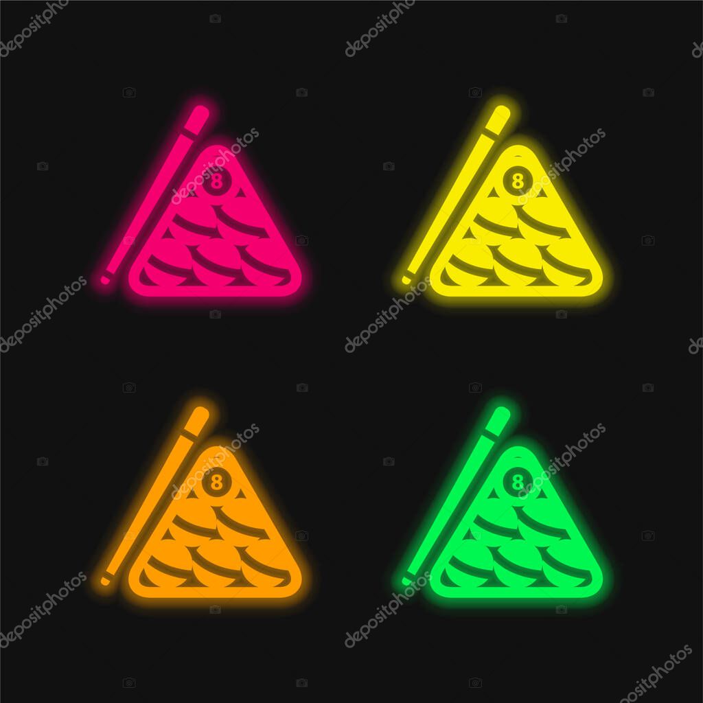 Billiard Balls Set Inside The Triangle And The Stick At One Side four color glowing neon vector icon