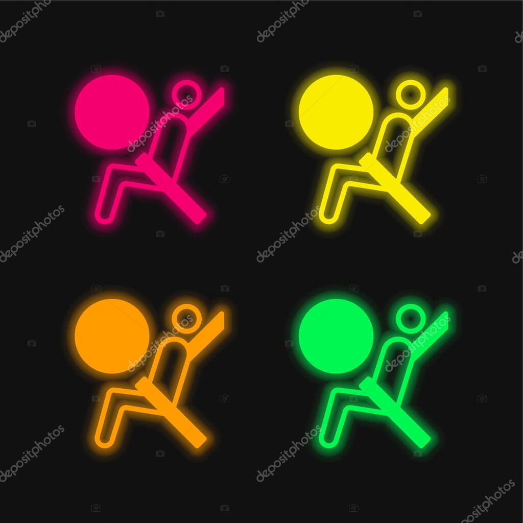 Airbag four color glowing neon vector icon