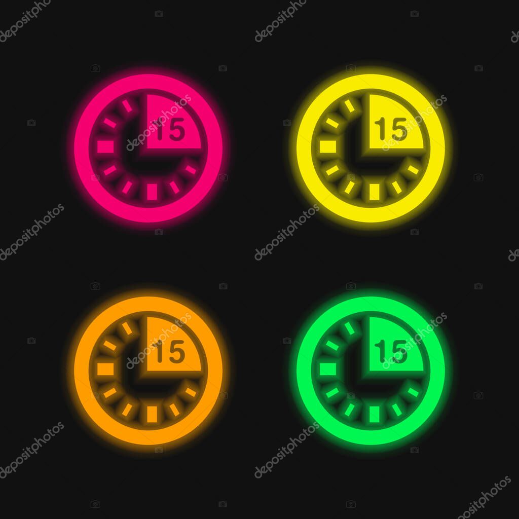 15 Minute Mark On Clock four color glowing neon vector icon