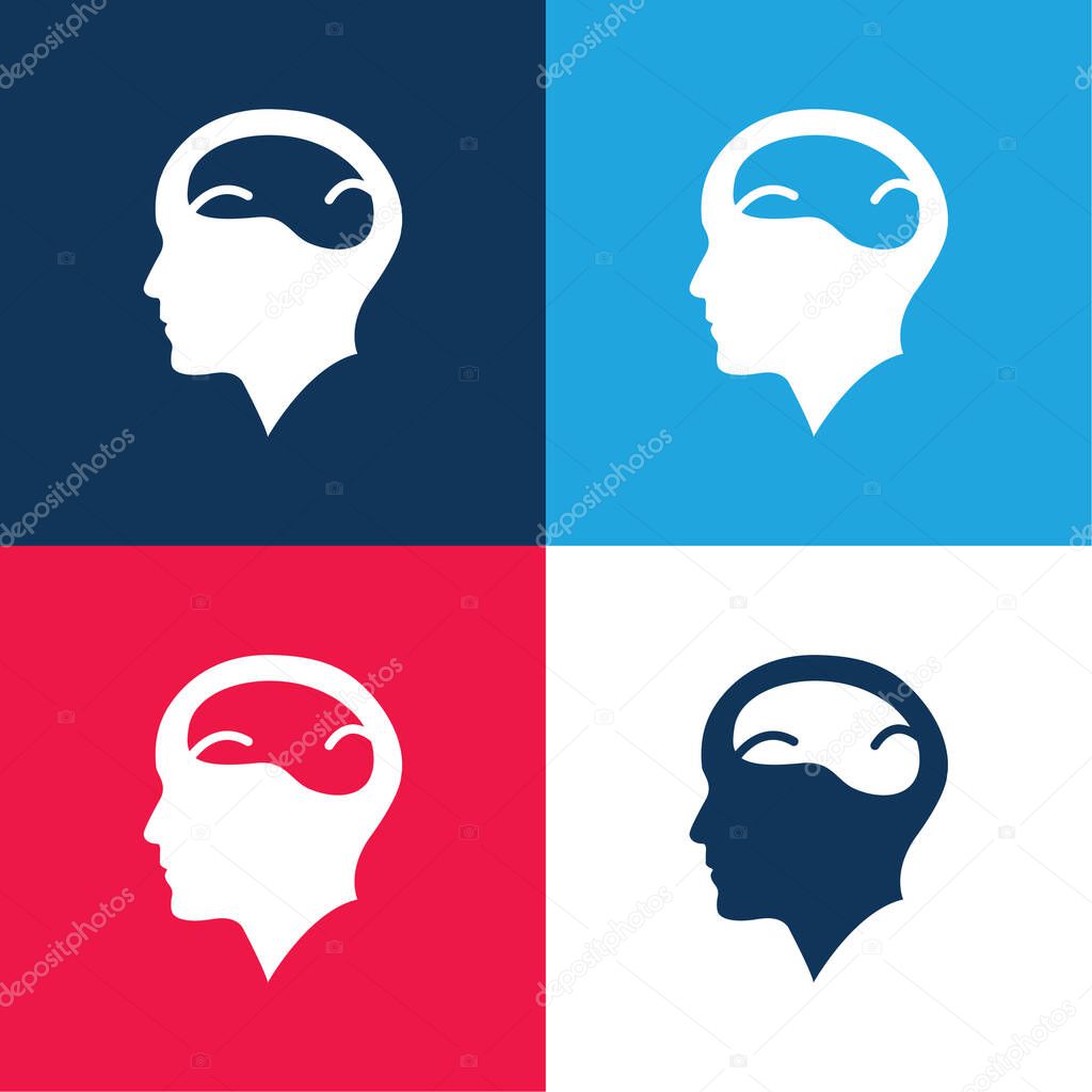 Bald Man Head With Brain blue and red four color minimal icon set
