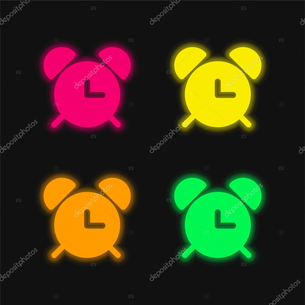 Alarmclock With Bells four color glowing neon vector icon
