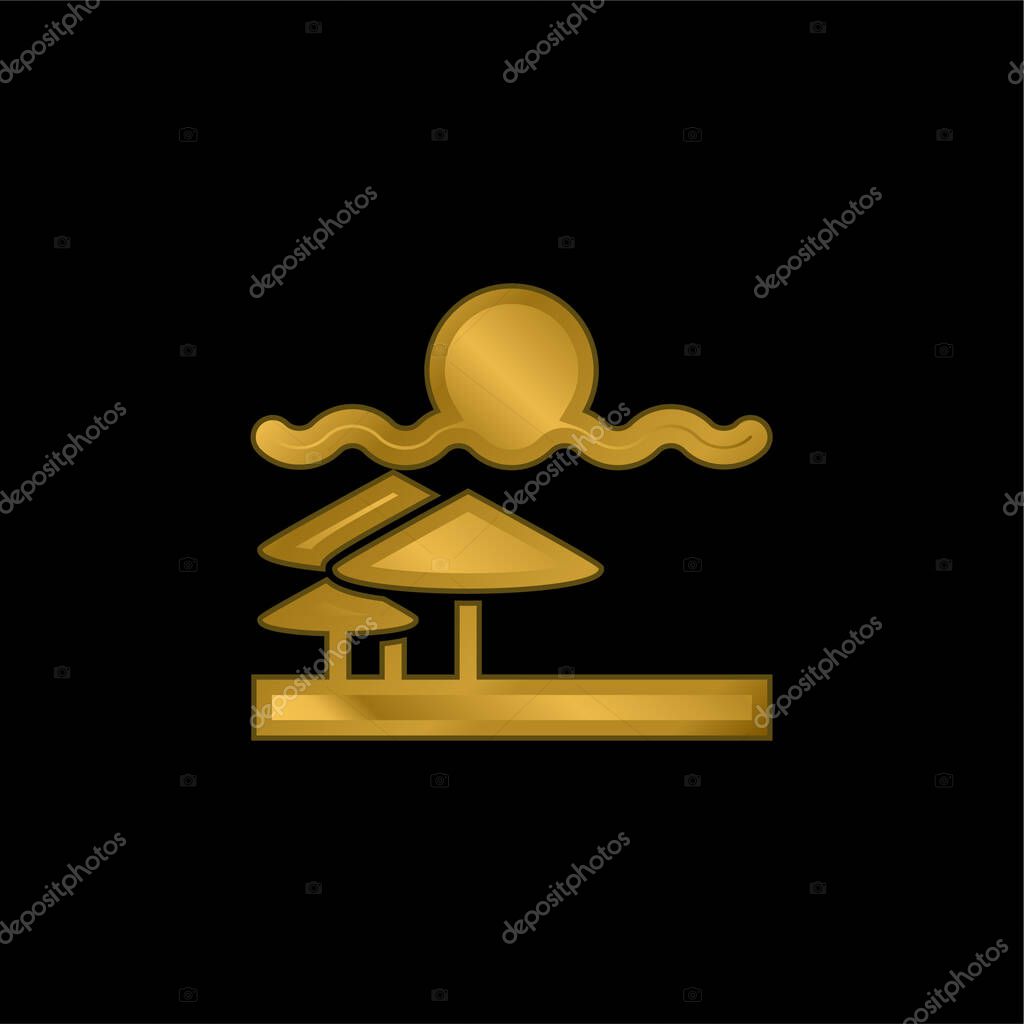 Beach View gold plated metalic icon or logo vector