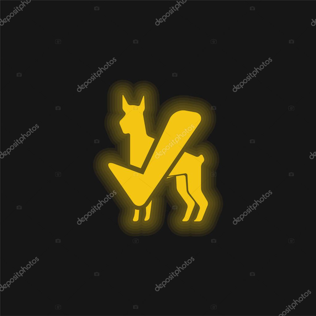 Big Dog Black Silhouette With Verification Sign yellow glowing neon icon