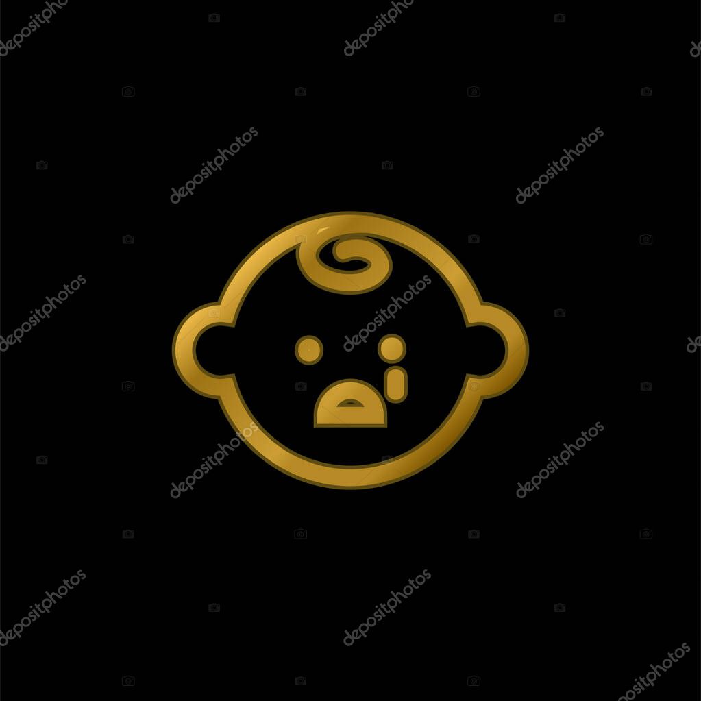 Baby Face Crying gold plated metalic icon or logo vector