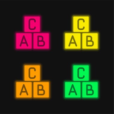 ABC Blokları parlayan dört renk neon vektör simgesini engeller