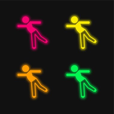 Tek bacaklı çocuk dört renkli parlak neon vektör simgesi üzerinde duruyor