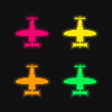 Küçük Boyutlu Üst Görünüm Uçağı Parlayan dört renk neon vektör simgesi