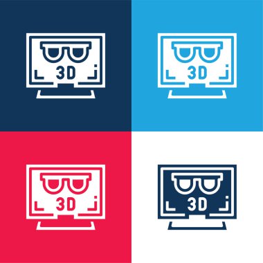 3D Movie mavi ve kırmızı dört renk minimal simgesi seti