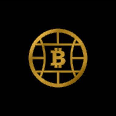 Bitcoin Globe Simgesi Altın kaplama metalik simge veya logo vektörü