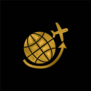 Airplane Flying Around Earth Grid gold plated metalic icon or logo vector clipart
