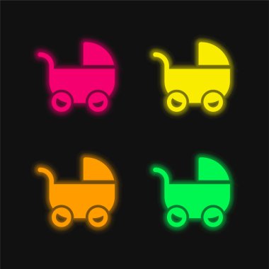Bebek Stroller dört renkli parlayan neon vektör simgesi