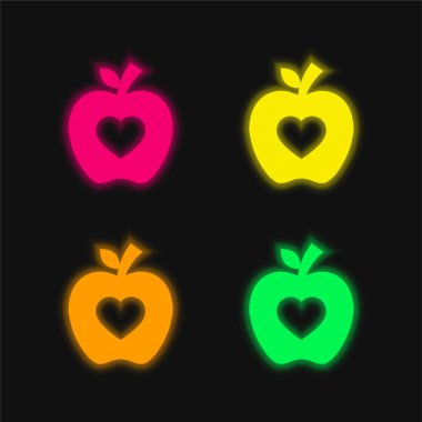 Kalp Şeklinde Elma Silueti 4 renkli parlayan neon vektör simgesi