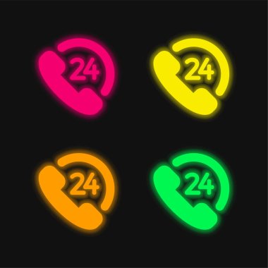 24 Saat İstemci Hizmeti 4 renk parlayan neon vektör simgesi
