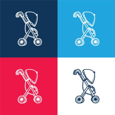 Baby Cart With An Umbrella blue and red four color minimal icon set clipart