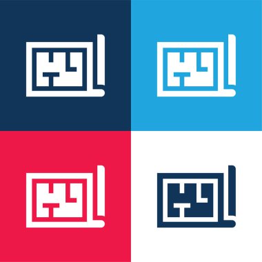 Mimari mavi ve kırmızı dört renk minimal simgesi seti