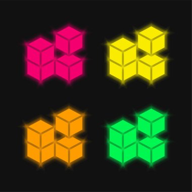 3D Küp dört renk parlayan neon vektör simgesi