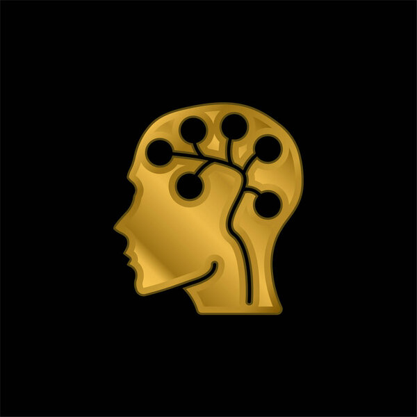 Brain gold plated metalic icon or logo vector