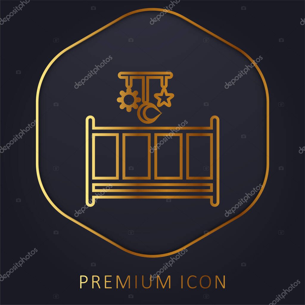 Baby Bed With A Mobile Toy With Hanging Shapes Of Sun Moon And Star golden line premium logo or icon