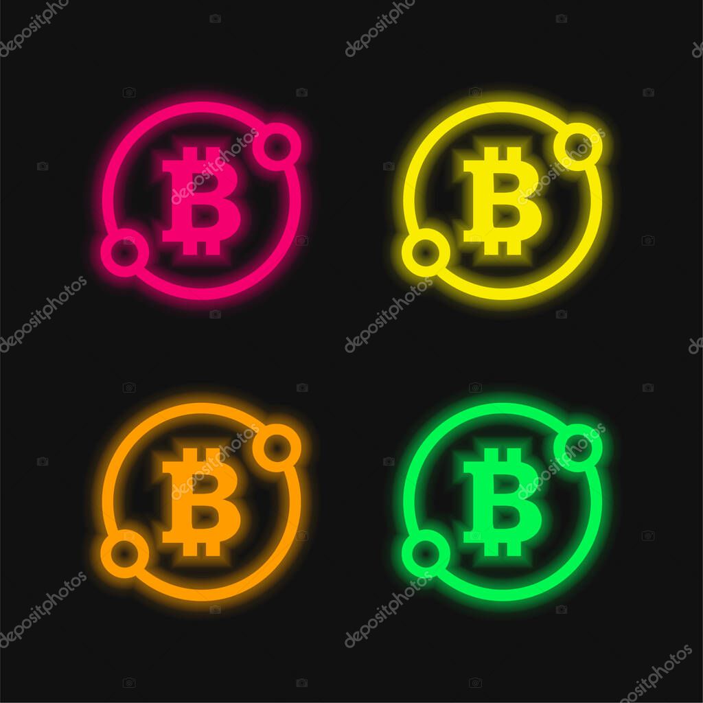 Bitcoin Sign In A Circle With Two Spots Connect Symbol four color glowing neon vector icon