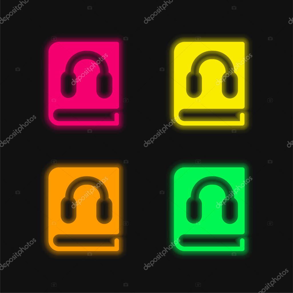 Book With Headphones Symbol four color glowing neon vector icon