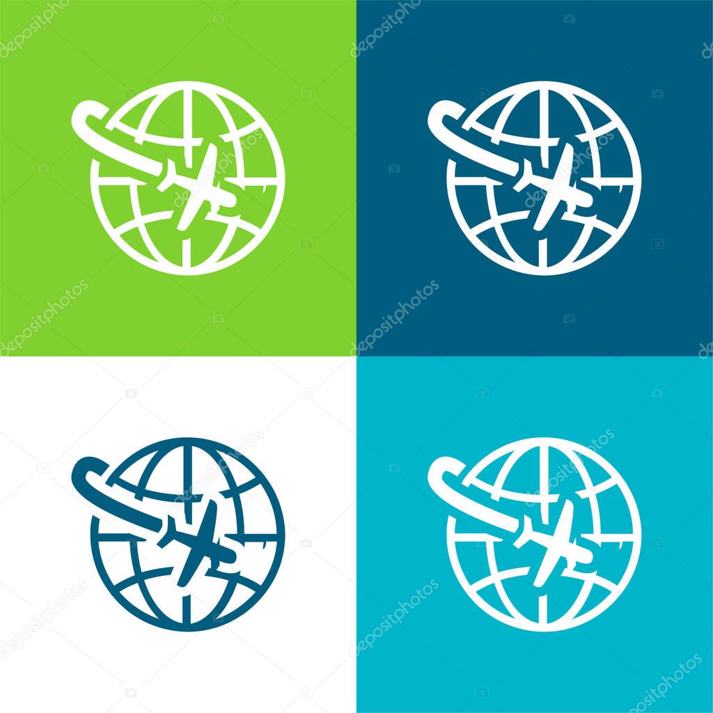 Airplane Flight Around The Planet Flat four color minimal icon set