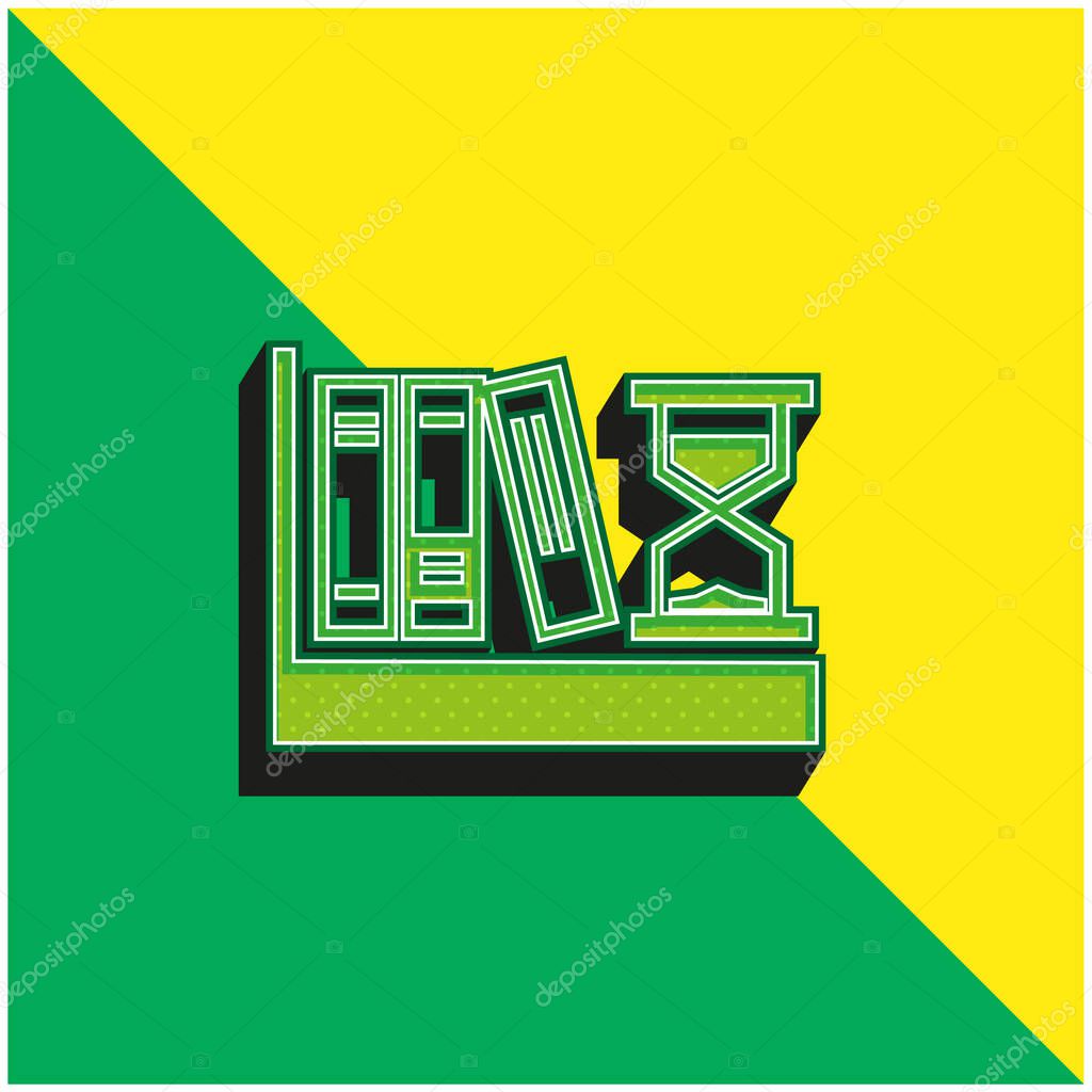 Books And Sand Clock Green and yellow modern 3d vector icon logo