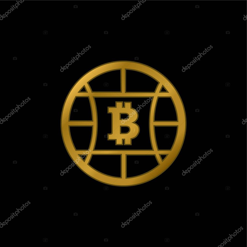 Bitcoin Globe Symbol gold plated metalic icon or logo vector