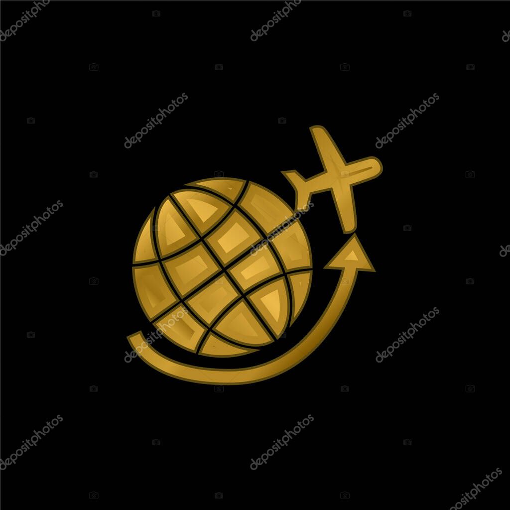 Airplane Flying Around Earth Grid gold plated metalic icon or logo vector