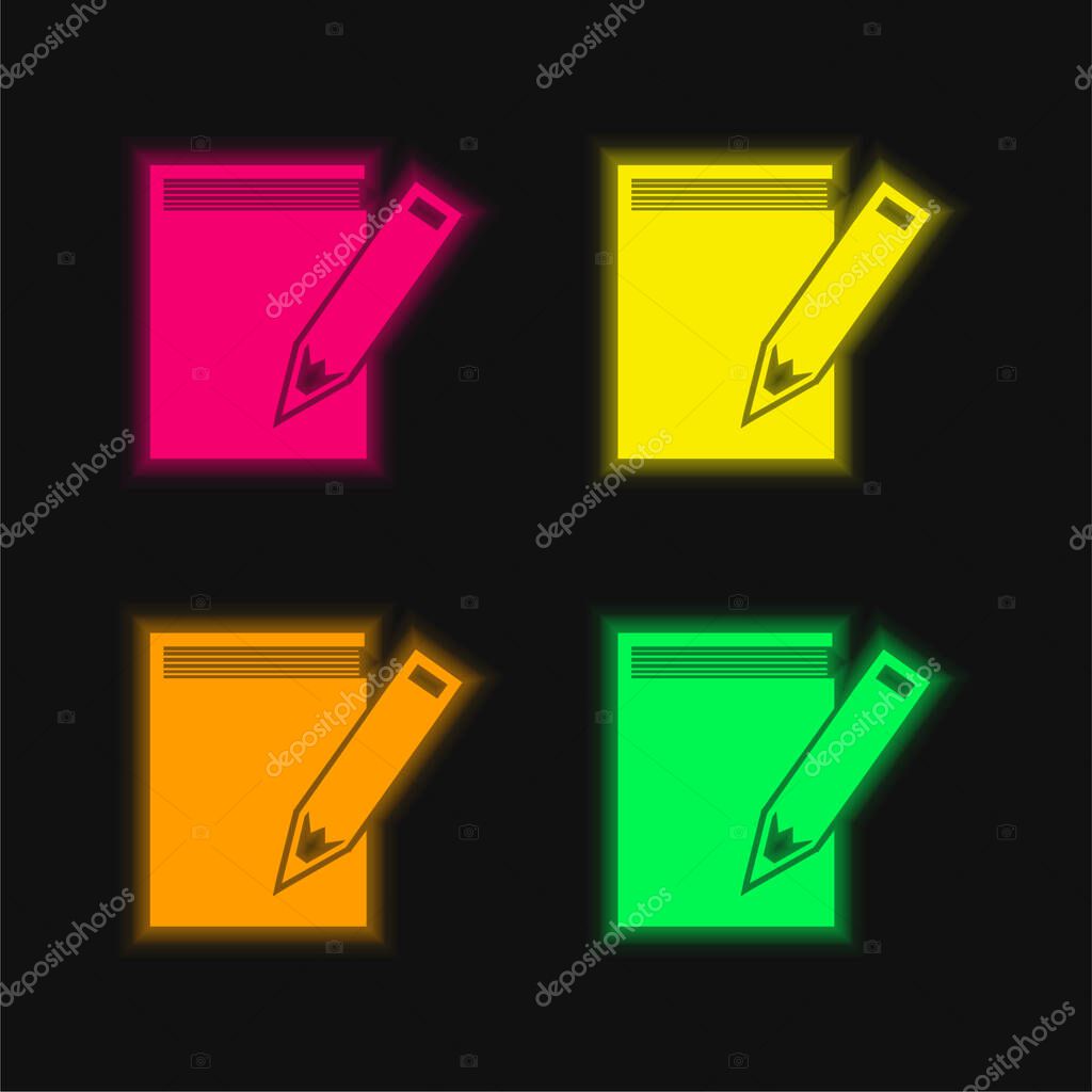 Book And Pencil four color glowing neon vector icon