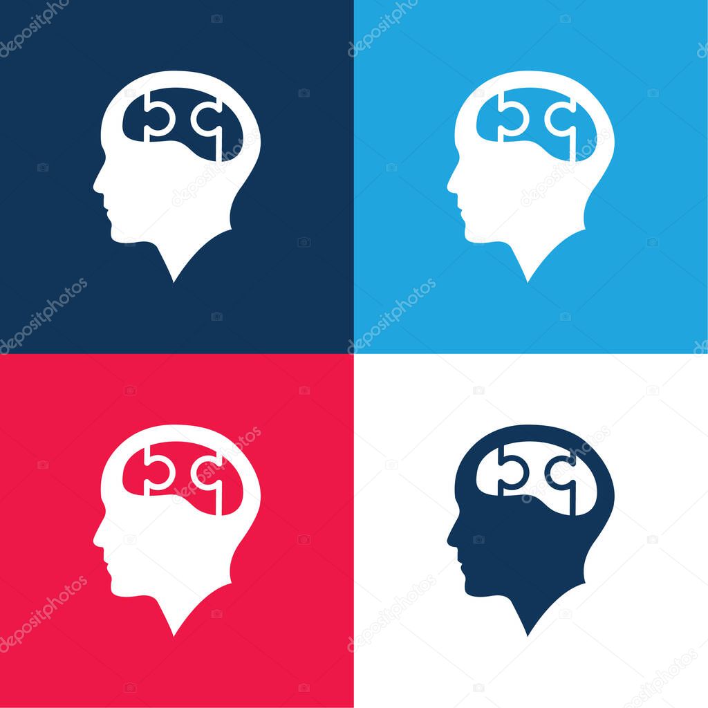 Bald Head With Puzzle Brain blue and red four color minimal icon set