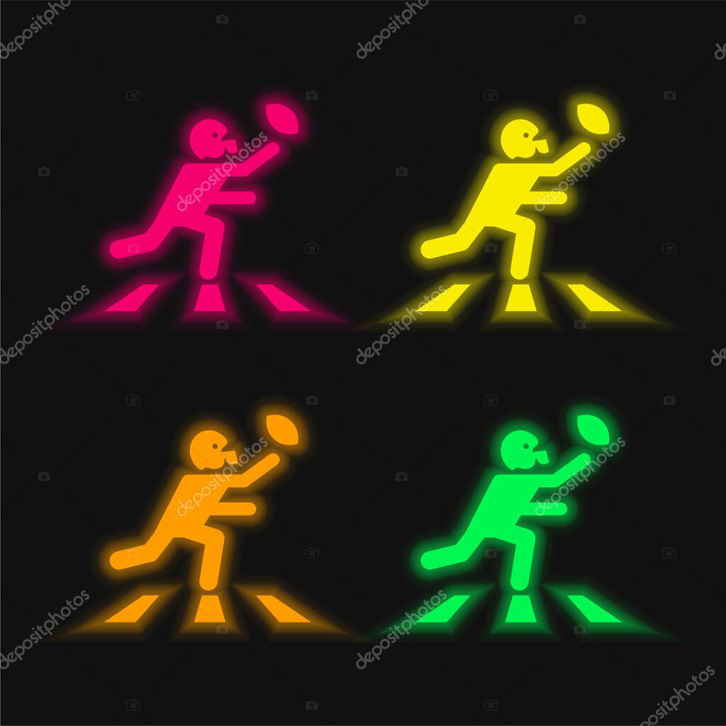 American Football Player Running With The Ball four color glowing neon vector icon