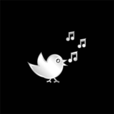 Bird Singing With Musical Notes silver plated metallic icon clipart
