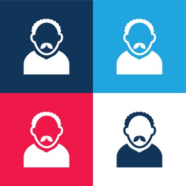 Kısa kıvırcık saçlı, bıyıklı, mavi ve kırmızı dört renk simgesi olan Yetişkin Adam Avatar