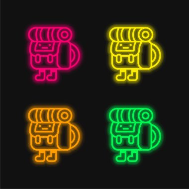 Sırt çantasında parlayan dört renk neon vektör simgesi