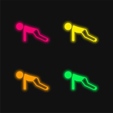 Çocuk şınav çekiyor. Dört renkli parlak neon vektör simgesi