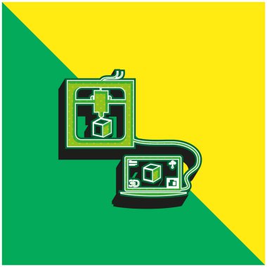 3d Yazıcı Laptop 'a Bağlandı Bir Küp Yeşil ve Sarı 3D vektör logosunu Yazdırıyor