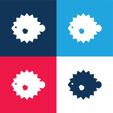 Kirpi balığı mavi ve kırmızı dört renk minimal simge kümesi