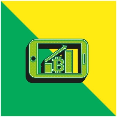 Bitcoin Cep Telefonu Grafik Yeşil ve Sarı 3D vektör simgesi logosu