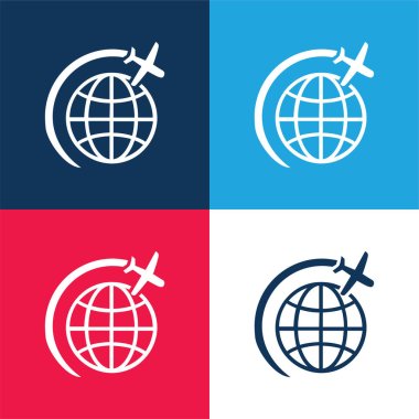 Airplane Flight In Circle Around Earth blue and red four color minimal icon set clipart
