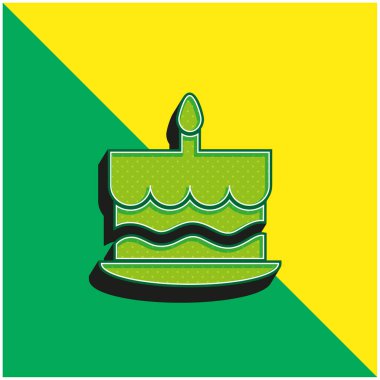Yeşil ve sarı renkli 3D vektör logosu üzerinde yanan bir mumla doğum günü pastası