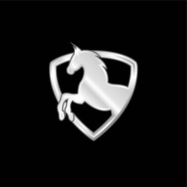 Black Horse Part In A Shield Outline silver plated metallic icon clipart
