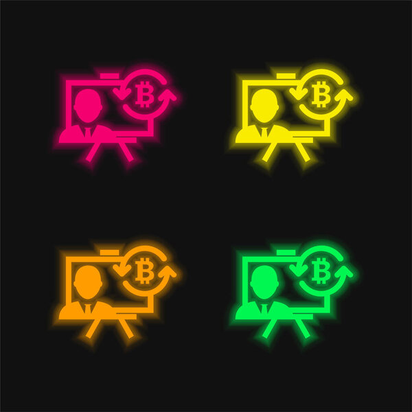 Bitcoin Presentation With Circular Arrows Symbol four color glowing neon vector icon