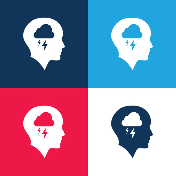 Bald Head With Cloud And Storm blue and red four color minimal icon set