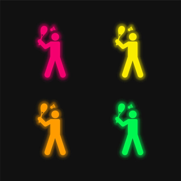 Badminton Player four color glowing neon vector icon